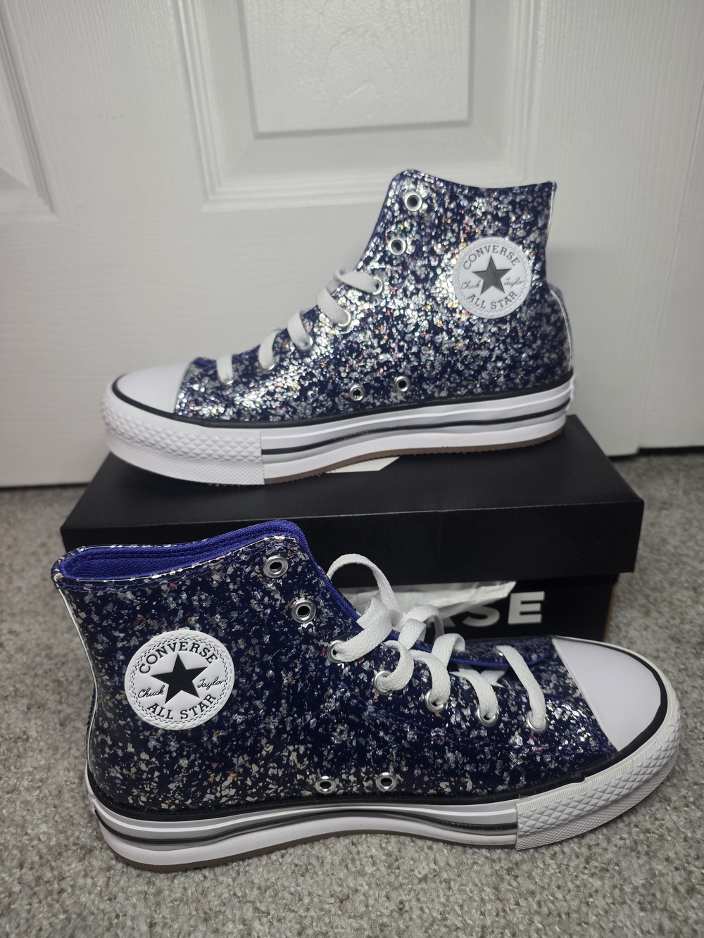 Converse A10043C All Star Glitter Junior Girls Sneakers In Navy Sz 5.5